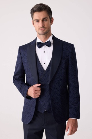 Ysf Erkek Lacivert Damatlık Slim Fit Kırlangıç Yaka Desenli