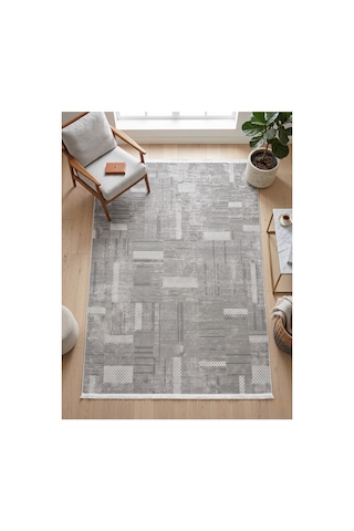 Merinos Vista %100 Akrilik Gri Geometrik Desenli Kesme Halı Yolluk Antre Koridor Salon Halısı 79297-95