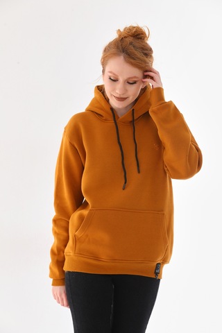 Everest Everst Kapüşonlu 3 İplik Şardonlu Cepli Sweatshirt Hardal