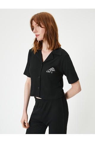 Koton Düğmeli Pijama Takımı Kısa Kollu Nakışlı Siyah 4slk40143mk Siyah