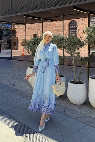 Riella Butik Çiçek Desenli Tesettür Elbise Mavi