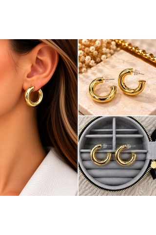 Premium Parlak Ve Şık Gold Renk Kalın Açık Halka 316l Çelik Kadın Küpe Altın