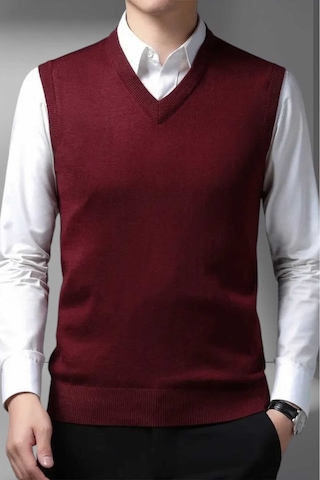 Tezzgelsin Erkek V Yaka Triko Tüylenmez Süveter Erkek Slim Fit Süveter Bordo