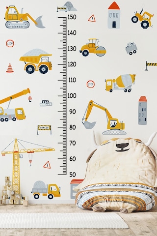 İş Makinaları Temalı Boy Cetvelli Çocuk Bebek Odası Sticker Seti Boy Cetveli İş Makinalı Sticker Dijital Baskı