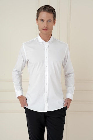 Efor Slim Fit Düğmeli Yaka Esnek Klasik Beyaz Gömlek Gk 746 Beyaz
