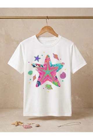 Marine Tema Baskılı Oversize Kompak T-shirt Beyaz