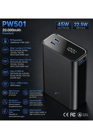 Pw501 20.000 Mah 45w Pd Çift Type-c + 22.5w Usb Çıkışlı Dijital Göstergeli Hızlı Şarj Powerbank-beyaz