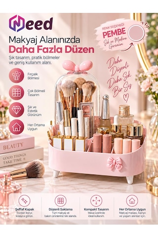 Need Şeffaf Kapaklı Toz Korumalı Fırçalık Bölmeli Makyaj Organizeri Kozmetik Düzenleyici Pembe Nd-8069-pnk