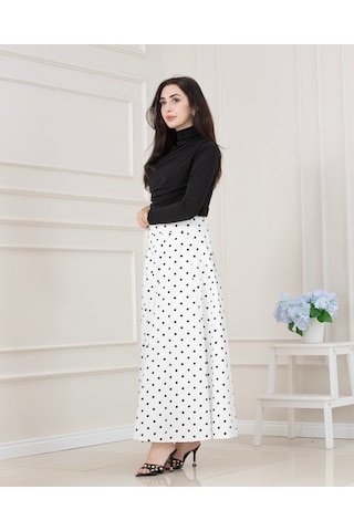 Sevitli Puantiyeli Maxi Etek-beyaz-5717
