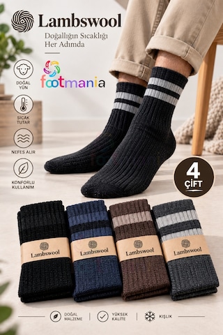 Footmania 4 Çift Erkek Orjinal Jakarlı Yün Erkek Soket Lambswool Çorap Çok Renkli