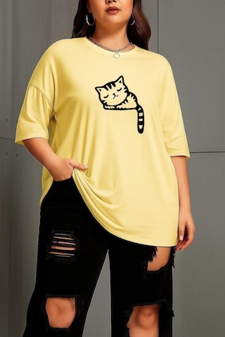 Büyük Beden Çizgili Uykusuz Kedi Baskılı Unisex Tişört Sarı