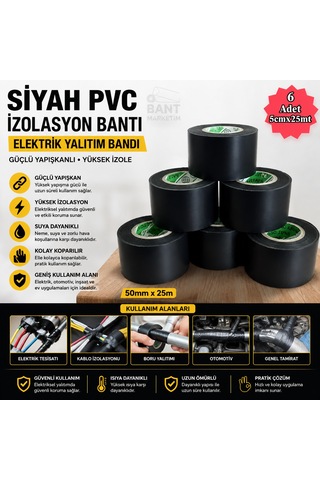 Siyah Pvc İzolasyon Bandı 50mm X 25m 6'lı Paket Elektrik Yalıtım Bandı Güçlü Yapışkanlı İzole Bant