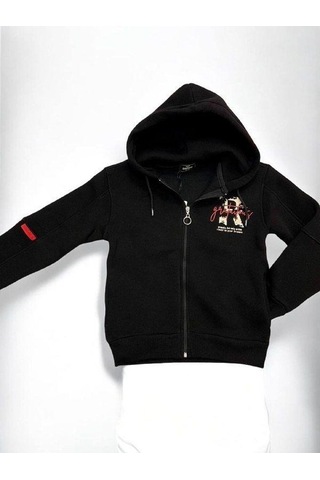 Erkek Çocuk 3 İplik Şardonlu Kapüşonlu Hırka-14842 Siyah