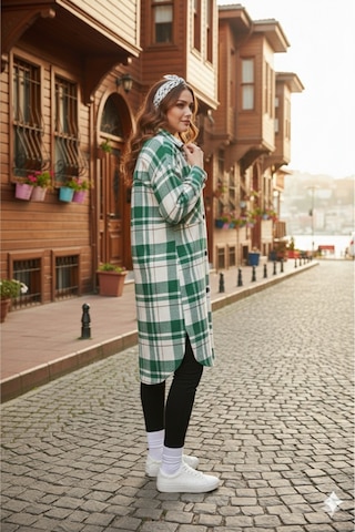 Polologin Butik Lı: Yeşil Kareli Uzun Oduncu Gömlek - Rahat Kesim Gömlek Elbise Tunik Yeşil