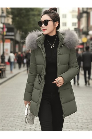 Kışlık Orta Boy Kapüşonlu Kadın Mont Haki