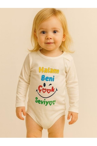 Zekids Bebek Halam Beni Çok Seviyor Yazılı Pamuklu Uzun Kol Çıtçıtlı Body-16094 Ekru