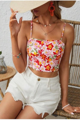 Bella Notte Retro Çiçek Baskılı Sırt Dekolteli Crop Bluz Pembe