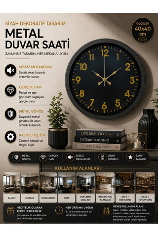Almira Duvar Saati Siyah Standart 40 Cm Metal Dekoratif Duvar Saati