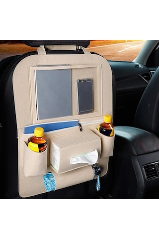 Glanz Araç Koltuk Arkası Organizer Bej Oto Tablet Telefon Tutucu Araba İçi Düzenleyici