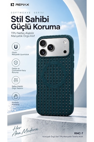 Remax Softweave Series İphone 17 Pro Uyumlu Magsafe Destekli Örgü Dokulu Nefes Alan Tpu Kılıf Rmc-7 - Yeşil