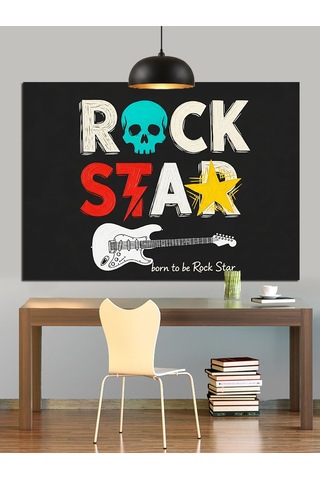 "rock Star" Afişi Ve Gitar Dekoratif Kanvas - Mdf Ahşap Tablo