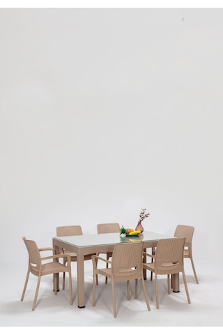 Rattan Large Lüx Camlı Cappucino Masa Takımı Bahçe&balkon 1 Camlı Masa + 6 Sandalye Kahverengi