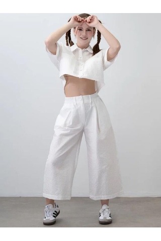 Kız Çocuk Crop Gömlek Poplin Pantolon Takım-15793 Beyaz