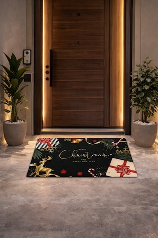 Esnature Mutlu Yıllar Merry Christmas And Happy New Year Welcome Yeşil Kapı Önü Paspası 45x70cm Çok Renkli