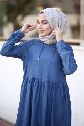 Neways 6531-Kapüşonlu Reglan Kollu Elbise Koyu Mavi