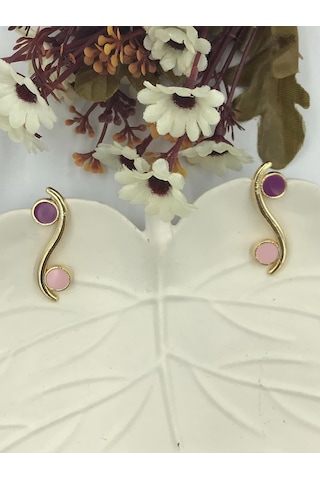 Aren Bijuteri Kadın Pembe Mor Daire Detaylı Gold Küpe Pembe - Mor