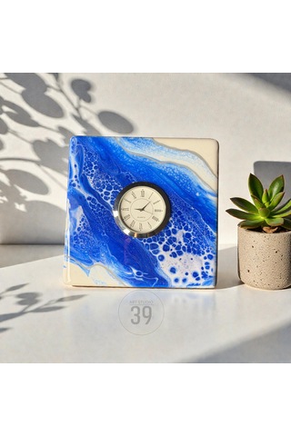 15x15 Cm El Yapımı Geode Masa Saati Gümüş Quartz Masaüstü Saat 5 Cm Kalınlık Beyaz - Mavi
