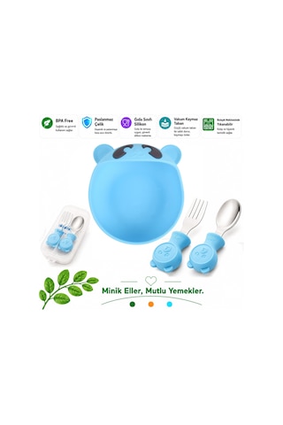 Mavi Premium Çocuk Vakumlu Silikon Beslenme Mama Kase, Paslanmaz Çelik Çatal-kaşık /9+ Ay