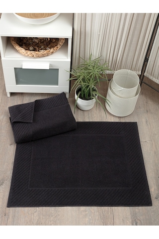 2'li Diyagonal Çizgili Ayak Havlusu Seti - %100 Pamuk Havlu Takımı - 50x70 Cm Sıyah Siyah