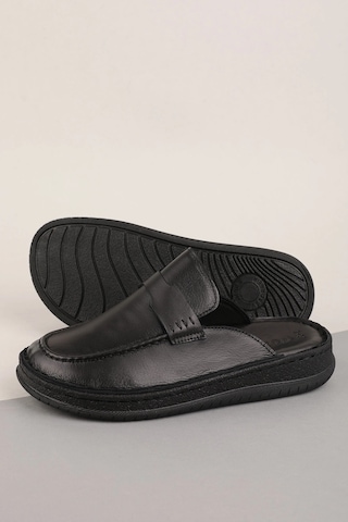 Gondol Hakiki Deri Unisex Sabo Terlik Anatomik Yumuşak Tabanlı Hkm.41 Siyah