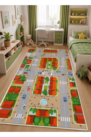 STY Home Trafik Çocuk Oyun Halısı Kaymaz Makinede Yıkanabilir Eğitici Bebek Ve Çocuk Odası Halısı Oyun72 Gri