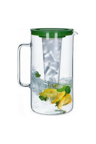 Borosilikat Cam Sürahi, 2,5 L, Buz Hazneli, Yeşil Kapaklı