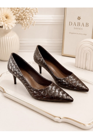 Dabab Shoes Lılya Kadın Acı Kahve Sivri Burun Örgü Desenli 6 Cm İnce Topuklu Stiletto Ayakkabı Kahverengi