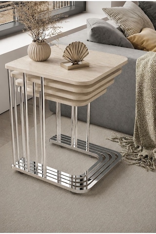 Renlife Zigon Sehpa Takımı 4'lü Metal Tekerlekli Mdf Modern Salon Oturma Odası Sehpası Krom Traverten