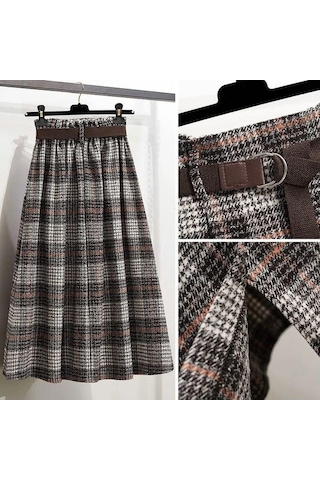 Fastbuy Sonbahar Kış Kadın Yüksek Bel A-line Vintage Ekose Elastik Bel Yün Ekose Gri Etek Gri