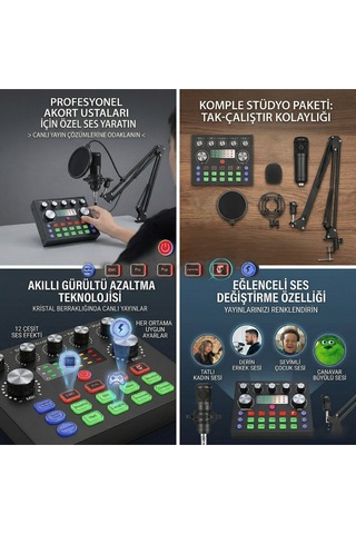 Profesyonel Mikrofon Seti Ses Kartlı Yayıncı Podcast Gaming Full Set Stüdyo Kalitesi Mikrofon