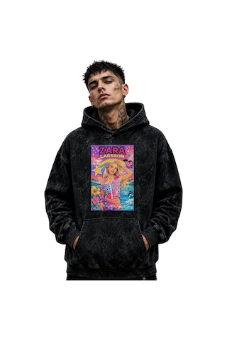 Sevbano Zarıa Larsson Şarkıcı Baskılı Unisex Oversize Yıkamalı Hoodie Swe Siyah