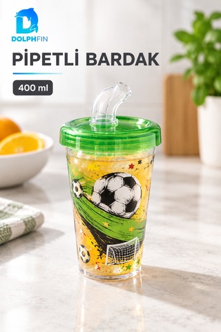 Desenli Pipetli Bardak 400 Ml Kapaklı Plastik İçecek Bardağı Çok Renkli