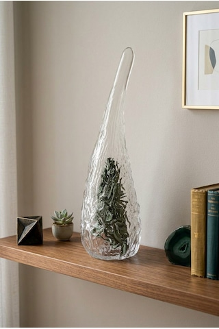 28 Cm Kristal Obje - El Yapımı Modern Organik Cam Heykel Şeffaf & Zümrüt Yeşili