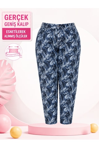 Büyük Beden Mom Model Desenli Kadın Pantolon Mavi