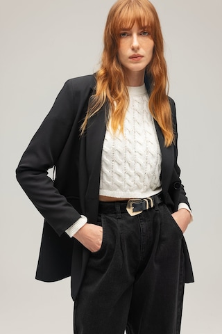 Sââde Kadın Tek Düğmeli Dokuma Kruvaze Blazer Ceket - Kuşaklı Siyah