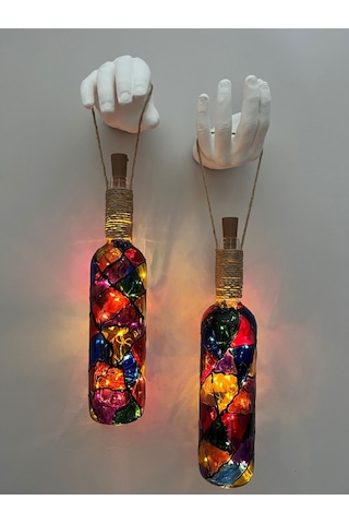 Beyaz Heykel El Dekorlu Led Işıklı Vitray Cam Şarap Şişesi Aplik Beyaz