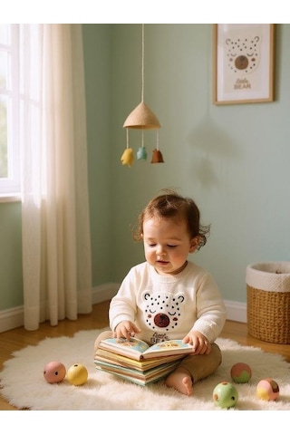 Zekids Kız Bebek Ayıcık Punch İşlemeli Sweatshirt-16305 Ekru