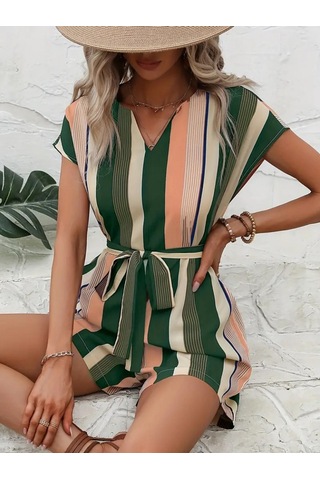 The İstanbul Kadın Kısa Kollu V Yakalı Beli Kuşaklı Keten Tulum Yeşil