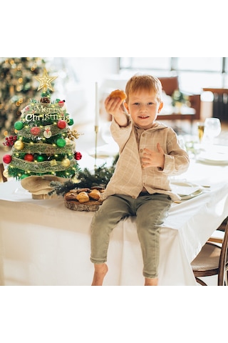 1.5ft Masa Üstü Yıldızlı Noel Ağacı Kırmızı Yeşil Toplar Yeşil