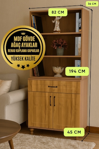 Alin Wood Kapaklı Şifonyer Ve Kitaplık Set Riviera Renk Mdf Gürgen Ağacı Ayaklar Diğer